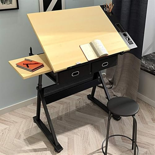 Generisch Zeichentisch, Zeichentisch mit Stauraum, höhenverstellbarer, neigbarer Zeichentisch, Zeichentisch aus Ahornplatte, für Arbeits-, Studien-, Mal- und Basteltisch
