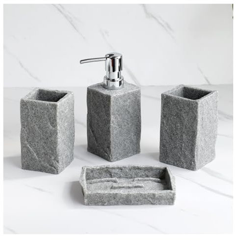 Set Dispensador De JabóN De BañO Juego de 4 accesorios de baño, dispensador de jabón líquido, soporte for cepillo de dientes, vaso for enjuague bucal, jabonera, apariencia de granito de imitación Sets