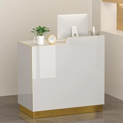 HOLGVE Empfangstheke mit Tresen, Empfangstresen, Stehtisch mit abschließbaren Schubladen, platzsparender Kassentisch for den Einzelhandel(White+Gold-L,110cm/43.3)