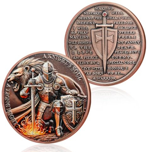 Knights Templar Coin, Knights & Lion Challenge Coin - Armor of God Medallion, Religious Red Cross Pocket Token, Bronze Christian Gifts for Men Women