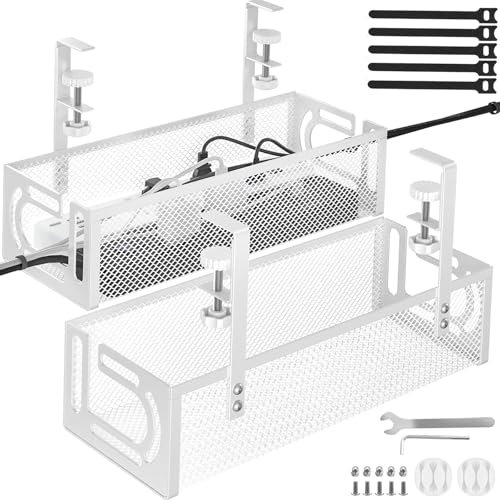 2PCS Under Desk Cable Management Tray, No Drilling Required, Metal Grid Cable Tray with Clip Seat Side Opening, Wire Management Tray, Home Office Internet Cafe Kitchen Wire Organizer White