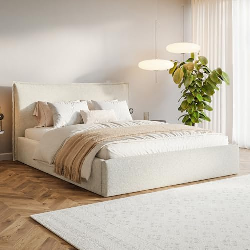 MOTIVENA Leno Bett 160x200 Beige Strukturstoff, mit Stauraum, mit Kopfteil, mit Lattenrost, ohne Füße, ohne Matratze, Polsterbett 160x200 mit Bettkasten Beige (Creme)