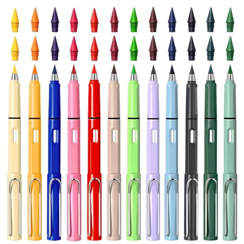SolWonder Swify Zauber Bleistift Set, 12 Stück Ewiger Tintenloser Bleistift mit Eingebautem Radiergummi und 24 Ersatzspitzen, Wiederverwendbar, Ohne Anspitzen, Geschenk für Kinder