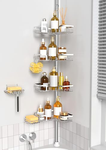 ZUNTO Teleskopisches Eck-Duschregal für Badezimmer, Höhe verstellbar vom Boden bis zur Decke (63,5 – 290 cm), Duschablage für Badezimmer ohne Bohren, teleskopisch für Dusche mit 2 Seifenschalen