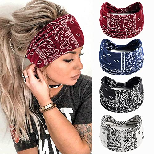 Flintronic 4 Pièces Bandeau Cheveux Femme, Extra Large Serre Tete Élastique Bandana, Bandana Yoga Sport Cheveux Femme Multicolore