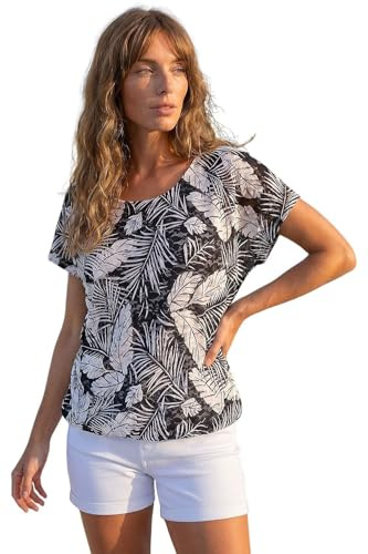 Roman Originals Snake Print Bubble Hem Top for Women UK - Ladies Spring Summer Blouson Round Neckline Comfy Soft Evening Vacation Work Party Night Out Everyday - Black Leaf - Size 12