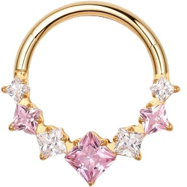 BodyBonita 16G Septum Rings Pink CZ, G23 Titanium Nose Ring Hoops, Septum Jewelry Clicker, Conch Helix Tragus Rook Daith Piercings for Women Men Gold Plated 10 mm