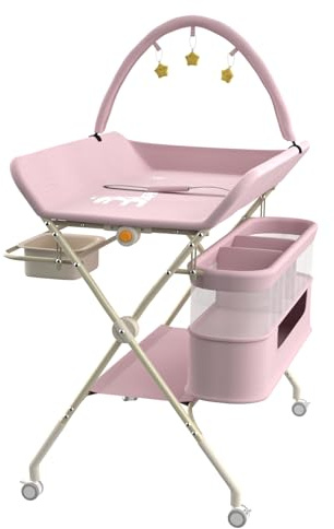 homewell Fasciatoio pieghevole per bambini, fasciatoio, fasciatoio, regolabile in 5 livelli, con cintura di sicurezza e lavandino e scaffale per giocattoli (rosa)