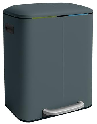 Relaxdays Poubelle de tri 2 Compartiments 2x20L, seaux Amovibles, Fermeture Douce, métal, Gris, 60x44.5x41 cm | Fermeture douce, pédale de pied, métal, poubelle de cuisine