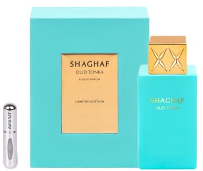 Shaghaf Oud Tonka Eau de Parfum, 75 ml, arabisches Parfüm, Unisex, langanhaltend, inklusive nachfüllbarem Zerstäuber, 5 ml, orientalischer Duft mit Noten von Mandel, türkischer Rose und Tonka-Bohne