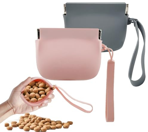 WoYous Leckerlibeutel für Hunde, Silikon Hunde Leckereien Automatischer Verschluss Mini Tragbare Haustier Snack Beutel Training Tasche Einfach zu Reinigen Reisen oder Outdoor Gebrauch (Pink & Grau)