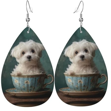 GGNKDL Little white dog in teacup Prints Water droplet pendant earrings and leather earrings, suitable as holiday birthday gifts for women
