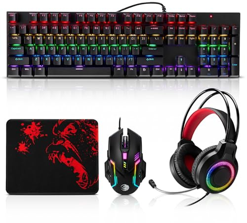 Guiheng Gaming Mechanical Keyboard and Mouse and Mouse pad and Gaming Headset, Wired LED RGB Backlight Bundle for PC Gamers and Xbox and PS4 Users - 4 in 1 Edition