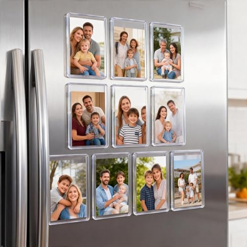 Strong Magnetic Photo Frames for Fridge - 7.7x5.2cm Clear Acrylic Picture Frame with Enhanced Magnet, Holds 10 Photos - Modern Kitchen Decor