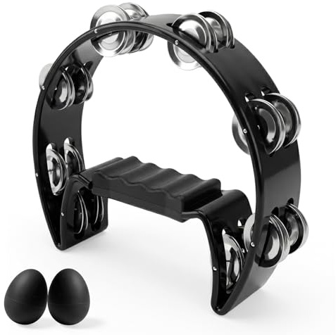 Minfuerang Tambourine Half Moon mit 2 Musikeie (Schwarz) | Hand Halbmondförmiges Schellenring,Halbmond Tamburin für Anfänger,Bands,Party,Musikunterricht