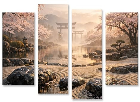islandburner Tableau sur toile - Jardin japonais calme avec fleurs de cerisier et torii - 4 pièces