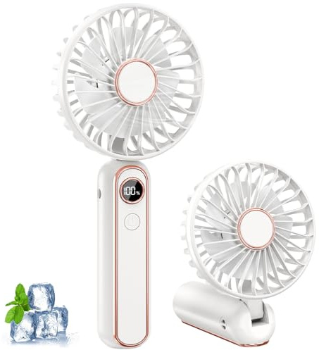 Handventilator, Tragbarer Mini Ventilator, Wiederaufladbar USB Ventilator | Kleiner Ventilator mit 6 Geschwindigkeitsstufen, Faltbarer Hand Ventilatoren mit Lanyard und Base,Weiß (für Büro & Outdoor)