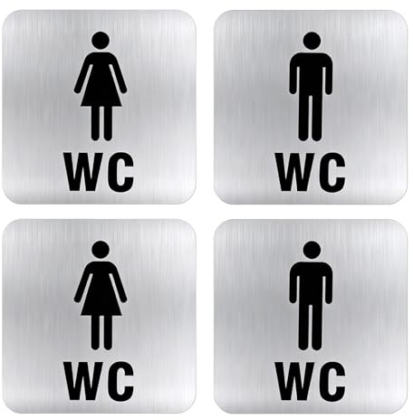 4PCS WC Schild Autoadesivo, Cartello Toilette in Acciaio Inox, Segnale Toilette Donna Uomo, WC Adesivo, Cartello Bagno, Toilet Sign, Segnale WC per Bagno Ospiti