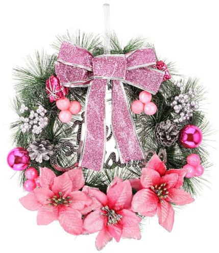 SUPVOX Couronne De Noël Rose 30 Cm avec Pomme De Pin Baies Et Nœud Décoration Suspendue pour Porte Mur Et Fenêtre Idéale pour Les Fêtes