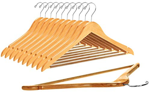 Quality Wooden Hangers - Slightly Curved Hanger Set - Solid Wood Coat Hangers with Stylish Chrome Hooks - Heavy-Duty Clothes, Jacket, Shirt, Pants, Suit Hangers (Natural, 10)