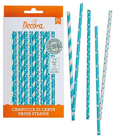 Decora Confezione da 80 Cannucce Stars&Pois Blue Sky Ø 6 X 210 mm, in carta biodegradabile, con inchiostro ad acqua, per dare colore ai tuoi party