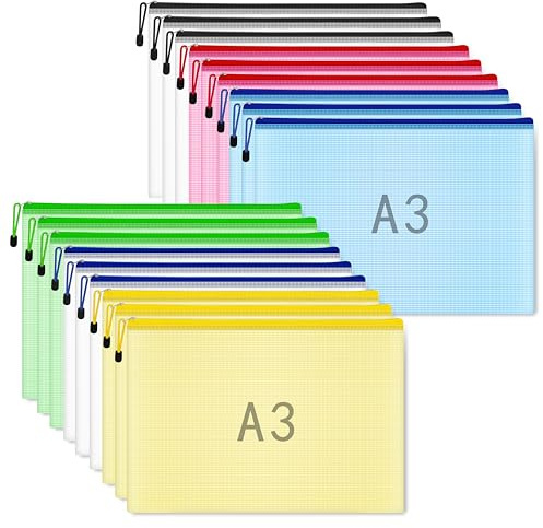 A3-Dokumententaschen mit Reißverschluss, A3-Ordner aus Kunststoff, Ziplock-Beutel, Netz-Reißverschluss, 18 Stück