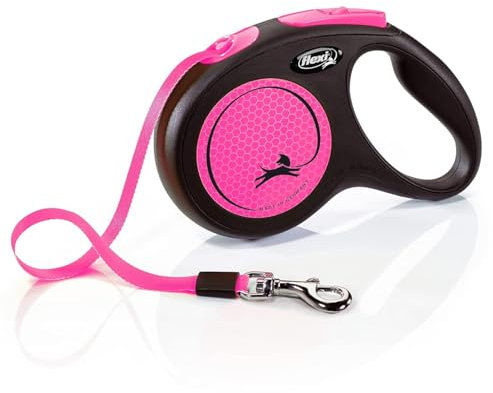 flexi® Neon M Gurt 5 m schwarz, neon-Pinker Gurt, reflektierende Seitenfläche, Roll-Leine für Hunde bis 25 kg