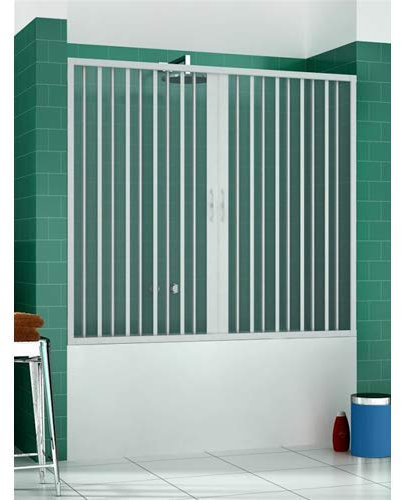 Mampara para de 170 x 150 cm, modelo Alba con doble puerta de PVC con apertura central, paneles semitransparentes, perfiles de color blanco