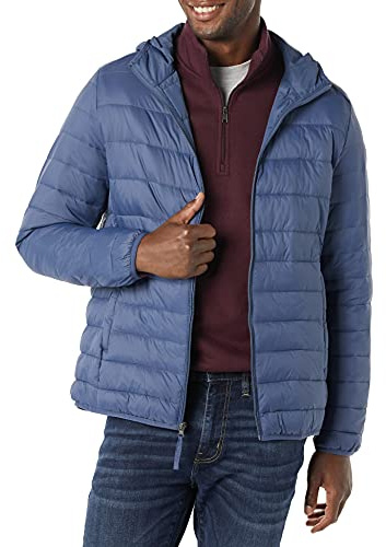 Amazon Essentials lättviktig vattentålig packbar pufferjacka med huva, indigo, medium