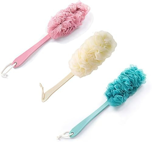 Duschschwamm mit Stiel Badeschwamm mit Langem Griff Mesh Badebürste Rückenbürste Badewäscher für Damen und Herren 3 Stück，für Badzubehör für Damen und Herren.