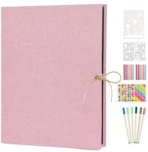 AIOR Lino Album Fotografico Scrapbook, Vintage Album Foto 10x15 Fai Da Te Scrapbooking 30 fogli / 60 Pagine Nere, Matrimonio Compleanno Regalo Mamma Donna Bambina Ragazza (Rosa)