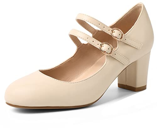 IDIFU Women's Dress Shoes for Women Pumps Mary Jane Heels Low Block Round Closed Toe Wedding Office Work (Beige Pu, 8 M US)