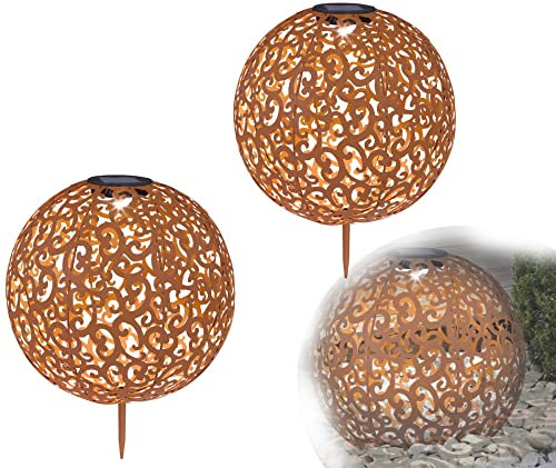 bmf-versand® Solarlampen für Außen Garten Kugel 2er Set Solarleuchten Balkon Wetterfest Solarlampe Outdoor Gartendeko Solar Erdspieß Gartenleuchten Außenbeleuchtung LED (Rost Metall 30 cm)