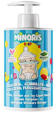 Minoris Detergente per Biberon, Succhietti e Giocattoli | Biologico, Naturale e Minerale | Ipoallergenico, Senza Profumo, Rimuove i Residui di Latte, Detergente per Tiralatte, Vegan 500ml