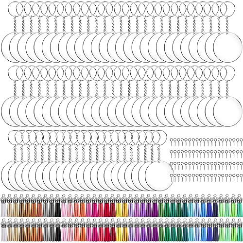 Duufin Ensemble de porte-clés vierges en acrylique avec 30 disques circulaires de 5,1 cm, 30 pompons porte-clés, porte-clés avec chaîne, anneaux ouverts et épingles à œillet à vis pour bricolage et