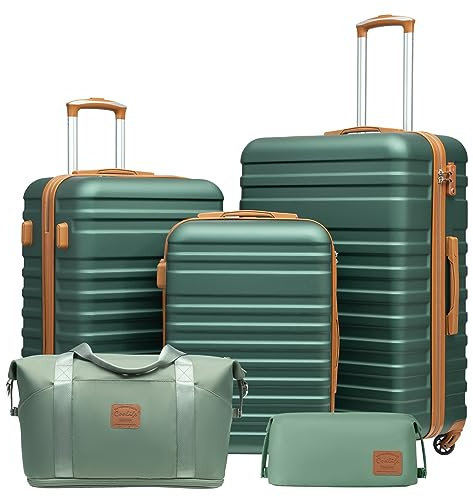 COOLIFE Suitcase Set 5 PCS - 20/24 / 28 Lightweight Luggage Set + Travel Bag & Toiletry Bag, Suitcases with TSA Lock + 360° Wheels for Family Travel, Study Abroad & Long Trips Green/Brown