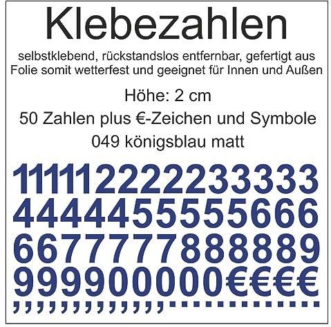 Aufkleber Sticker Klebezahlen Klebezahl Zahlen Zahl Nummern aus Folie 50 Zahlen blau königsblau matt Höhe 2 cm selbstklebend wetterfest Nummerierung Preisauszeichnung Beschriftung Modellbau verzieren