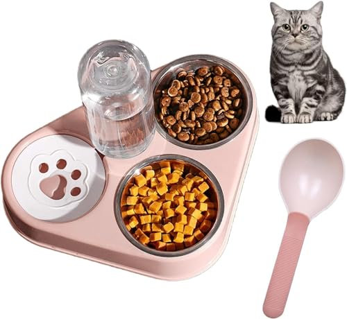Katzennäpfe Katzenschüssel Set 3 in 1 Katzennapf aus Edelstahl Fressnapf Katze Wasserschale mit Schaufel Doppelter Futternapf mit Automatischer Wasserflasche für Hunde Katzen Haustier (Pink)