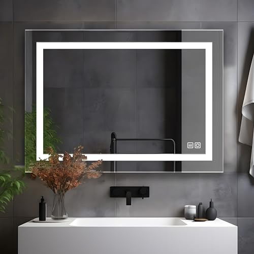 LISA LED Badspiegel mit Beleuchtung 80x60 cm, Bad Spiegel Groß badezimmerspiegel mit Touch Dimmbar Warmweiß/Kaltweiß Licht Antibeschlag Wandspiegel für Badezimmer, WC, Flur mit Steckdose