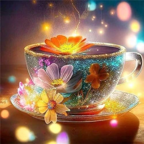 Diamond Painting Set for Adults DIY 5D Diamond Painting Teetasse Blumen Crystal Rhinestone Embroidery Painting Painting by Numbers Diamond Beginners Home Wall Decor 70x70cm