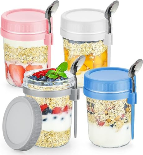 LATERN 4 Pièces Pots D'avoine pour Nuit, 360ml Bocaux Mason en Verre Marques de Mesure Conteneurs de Stockage des Aliments avec Couvercles et Cuillères pour L'avoine Céréale Fruit Lait Salade Yaourt