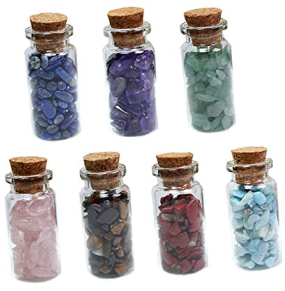LALAFINA 7 Glass Mini Bottles Natural Gemstone Chips Crystal Stones for DIY Jewelry Making Home Decor Specimen Wishing Bottle