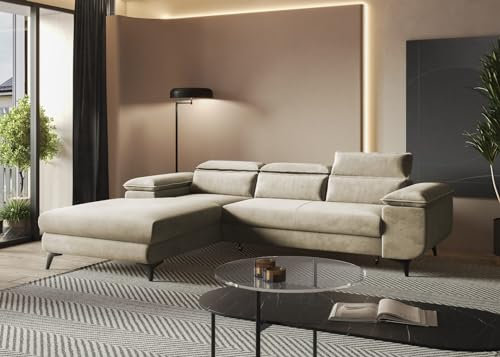 Easy4You Flat Ecksofa Beige L-Form Links 276 x 74 x 205 cm mit Schlaffunktion und Stauraum - Schlafsofa mit Bettkasten - Moderne Wohnzimmermöbel – Stoff: Monolith 04