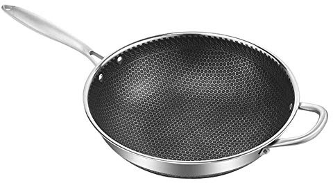 Wok, Pan, Professionell Non-Stick Induktionswok I Kolstål, Med Handtag, Lämplig För Alla Gasspisar, Lätt Att Rengöra Kokkärl, Inklusive Induktionsspis / 34 Cm (32 Cm)