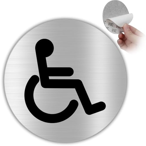LEIASA | Cartello Bagno Disabili - Ø 10 cm - Alluminio - Mobilità Ridotta | Adesivo Disabili, Targa WC Accessibile, Segnale Sedia a Rotelle, Pittogramma Carrozzina, Etichetta Servizi Igienici