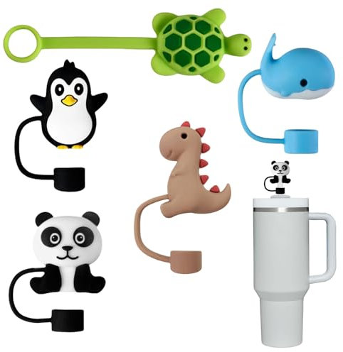 Mezrkuwr 5 Stück Stroh-Abdeckkappe mit Tierform Für Stanley-Becher, Silikon, strohhalm Abdeckung, Wiederverwendbare Strohhalm-Spitzen, Schutz für Stanley-Becher, Panda