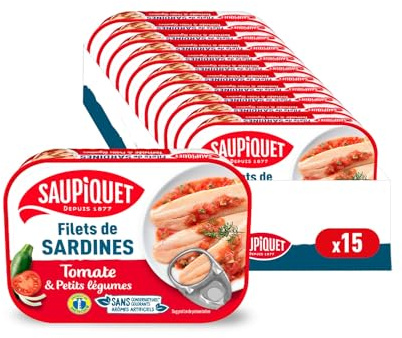 SAUPIQUET - Filets de Sardines à la Tomate et Petits Légumes - Sans Arêtes - Sans conservateurs, colorants ni arômes artificiels - Issus d'une Pêche Traçabilité Garantie - 15 Conserves (100 g)