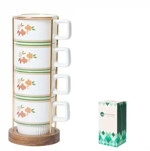 TANFEI Juego de 4 tazas de café con soporte y paquete de regalo, tazas de café apilables de cerámica, taza de café de cerámica china de 320 ml (estilo E)