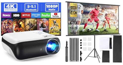 HOPVISION Beamer, Full HD 1080P Beamer & OWill Leinwand Beamer mit Stativ 100 Zoll,16:9 HD Leinwand Ausfahrbar,Tragbar Projektor Leinwand für Heimkino,Büro,Schule,Präsentation