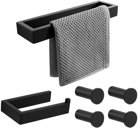 SAYAYO Porta Asciugamani Bagno, 6 Pezzi Set Bagno Accessori Nero, 26 CM Porta Salviette da Parete, Porta Rotolo Carta Igienica, 4 Ganci Accappatoio Gancio Appendiabiti, in Acciaio Inox